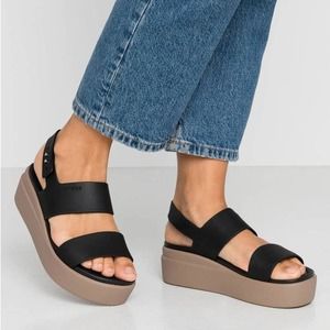 CROCS | Shoes | Crocs Brooklyn Low Wedge Platform Sandal Black Tan Size 9 |  Poshmark